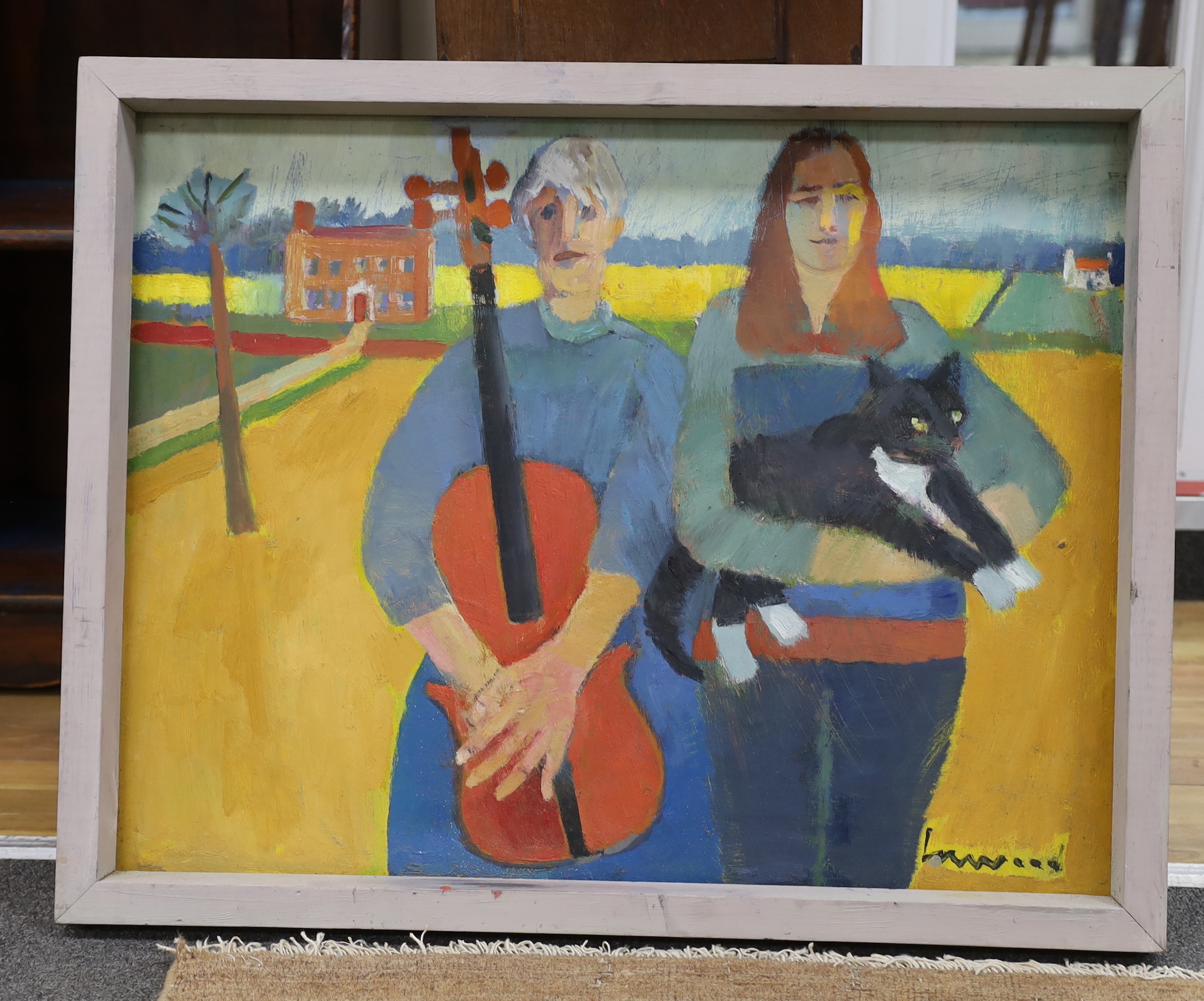 Derek Inwood (1925-2012), one pastel and one oil, ‘Cat and guitar’ and 'The Lodge, Sherringham Park', each signed, largest 51 x 66cm